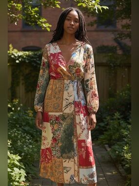 Zara Patchwork Floral Wrap Maxi Dress — Red, Green, Cream, Blue